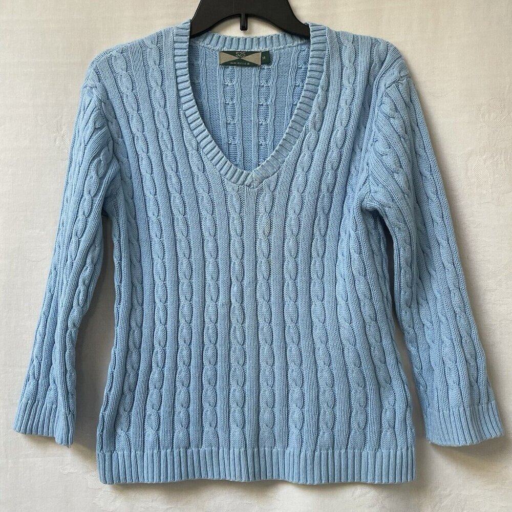 525 America Sweater Womens Medium Cotton Cable Knit V-Neck Pullover Blue Vintage